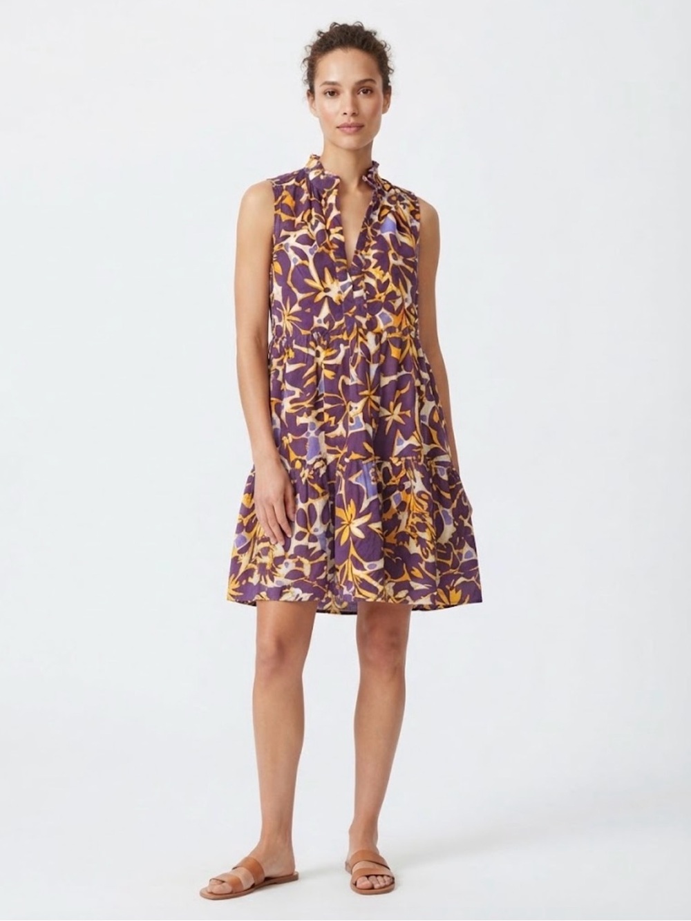 Olivaceous Purple & Yellow Floral Ruffle V-Neck Tiered Dress